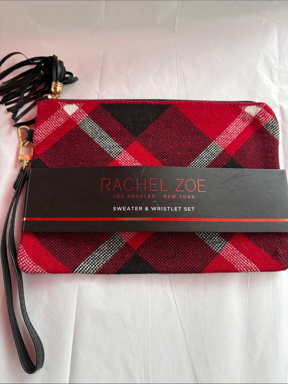 Rachel Zoe Red Black Plaid Wristlet with Tassel